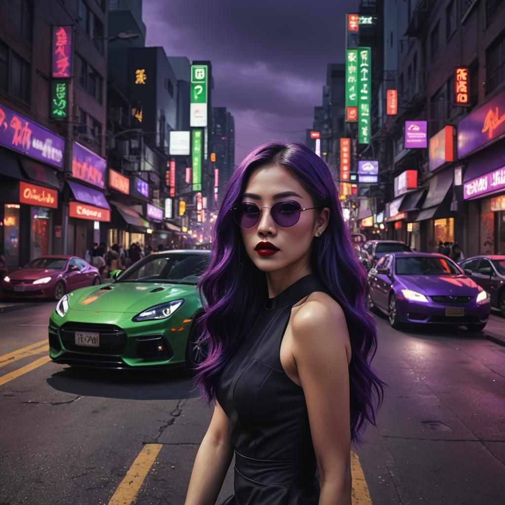 Asian Woman with Purple Hair and Neon Car