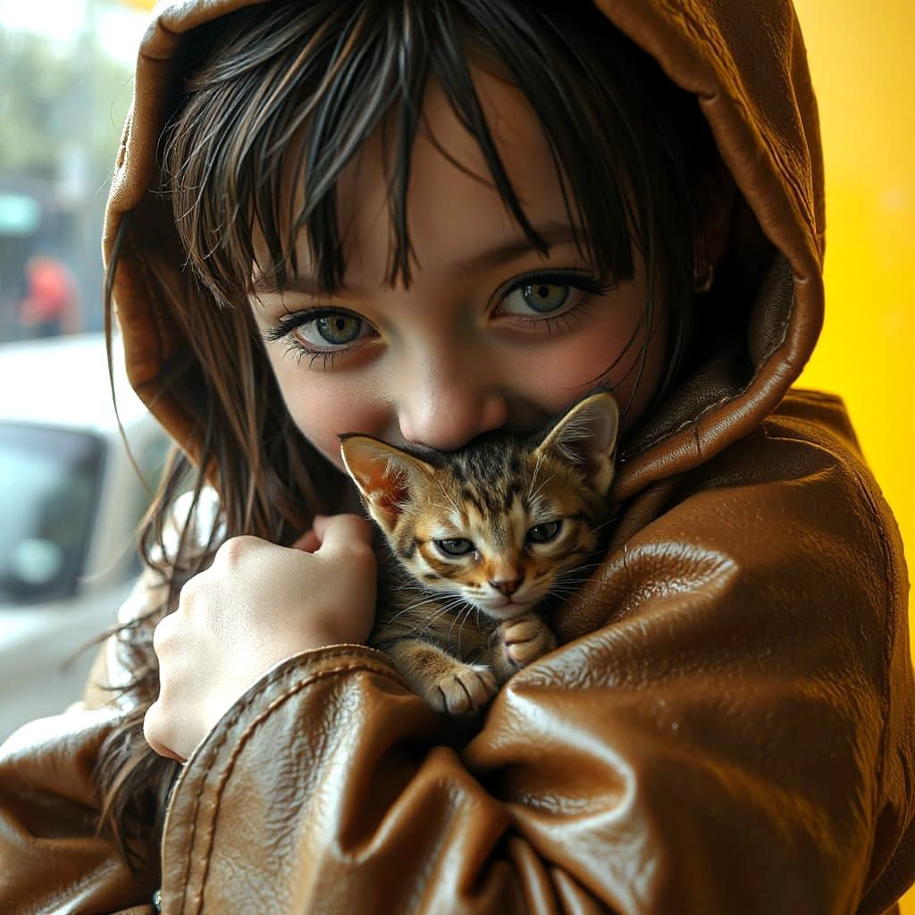 Girl Hugs Kitten in Heavy Rain, Photorealistic Digital Art