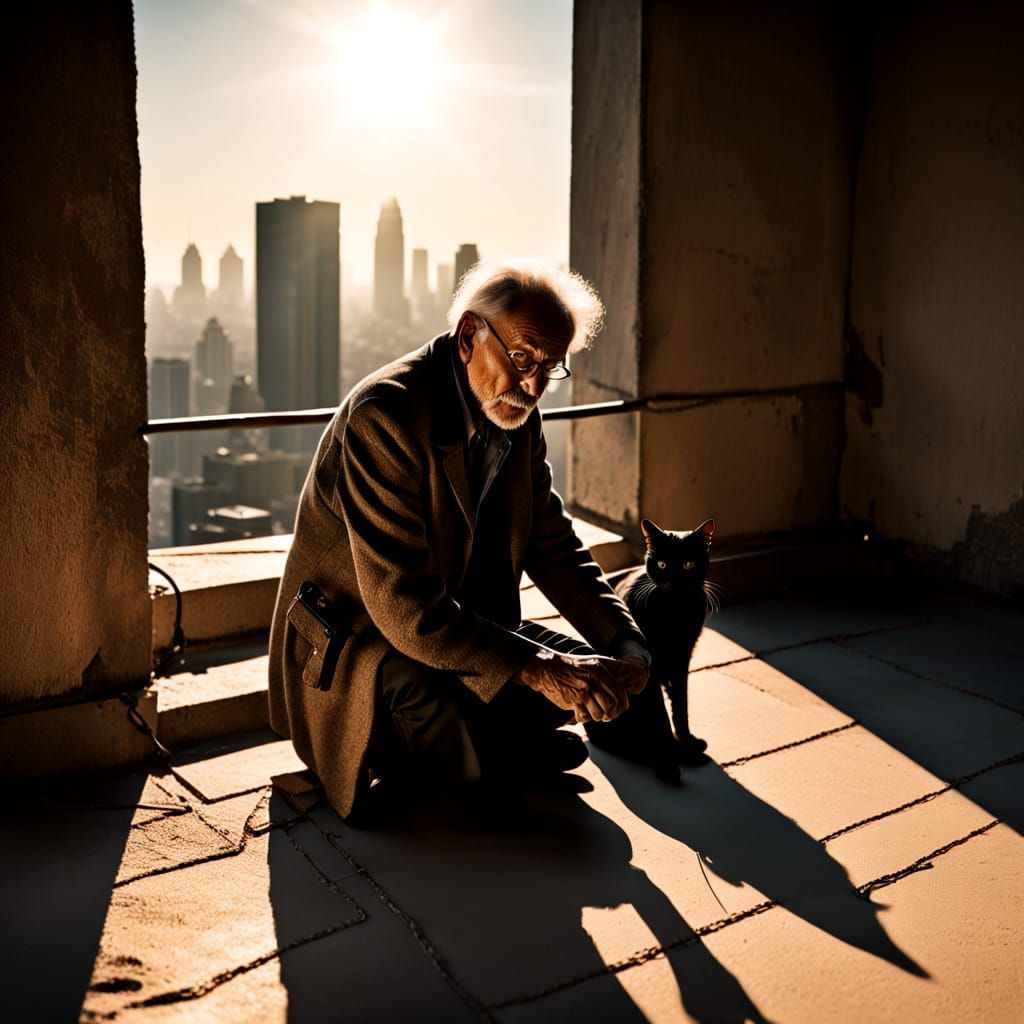Man and Cat on High Rise Ledge at Sunset