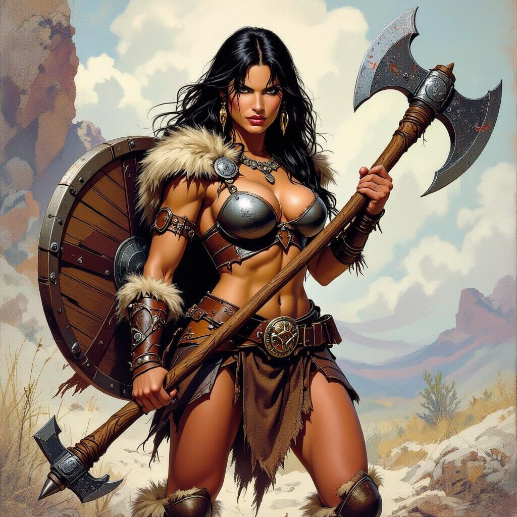 Fierce Brunette Barbarian in Fantasy Landscape