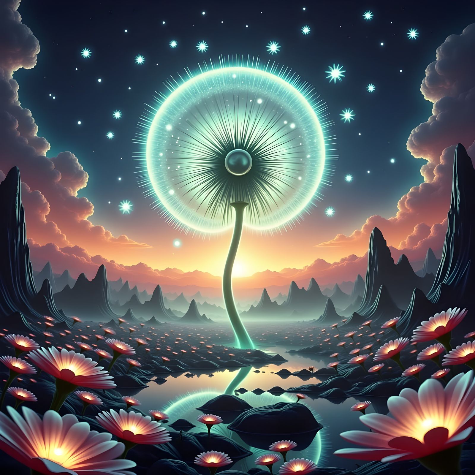 Giant Crystalline Dandelion Seed Above Alien Landscape
