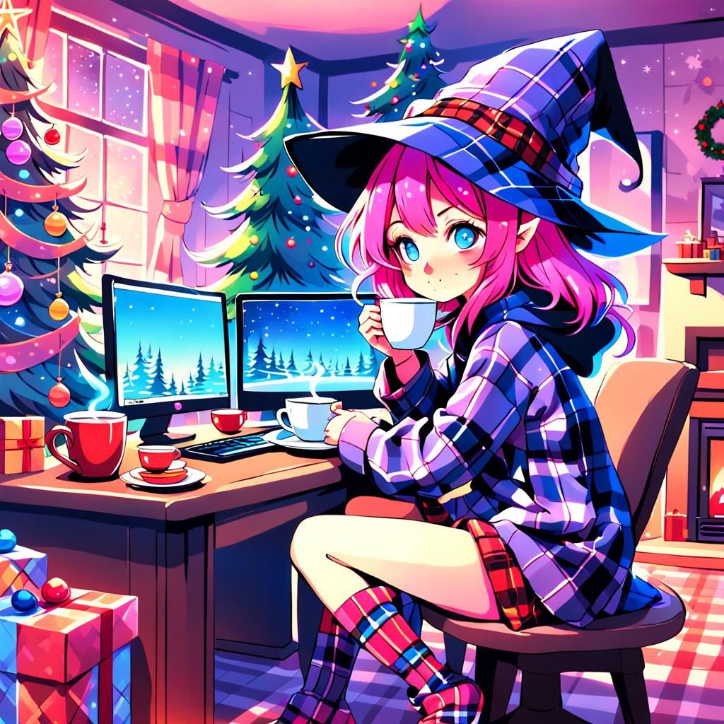 Magical Anime Winter Scene with a Witch Woman