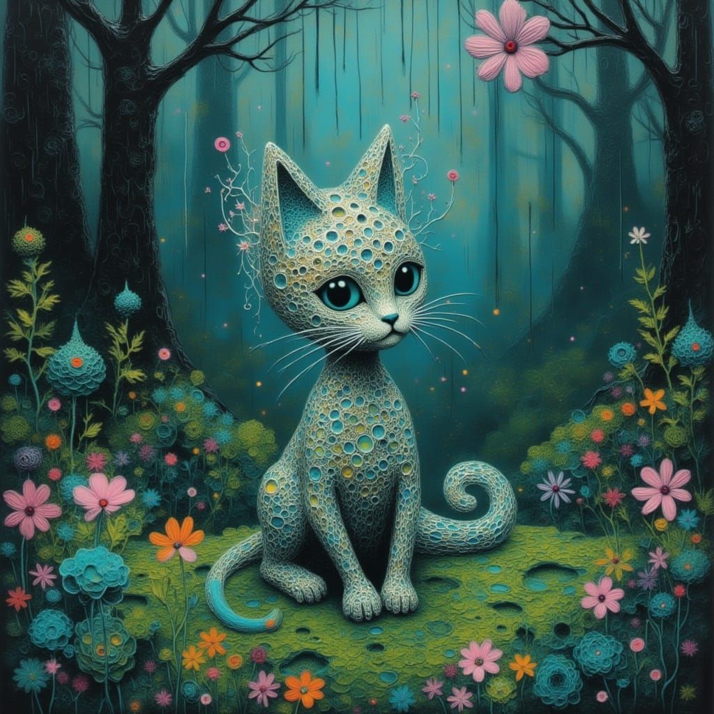 Whimsical Iridescent Cat in Enchanted Forest