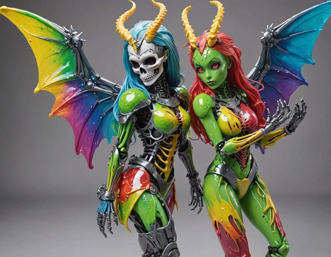 Rainbow Slime Dragon Girl with Metal Skeleton