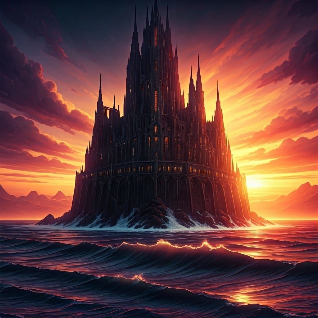 Castle Rises from Turbulent Sea as Sun Sets in Vibrant Hues