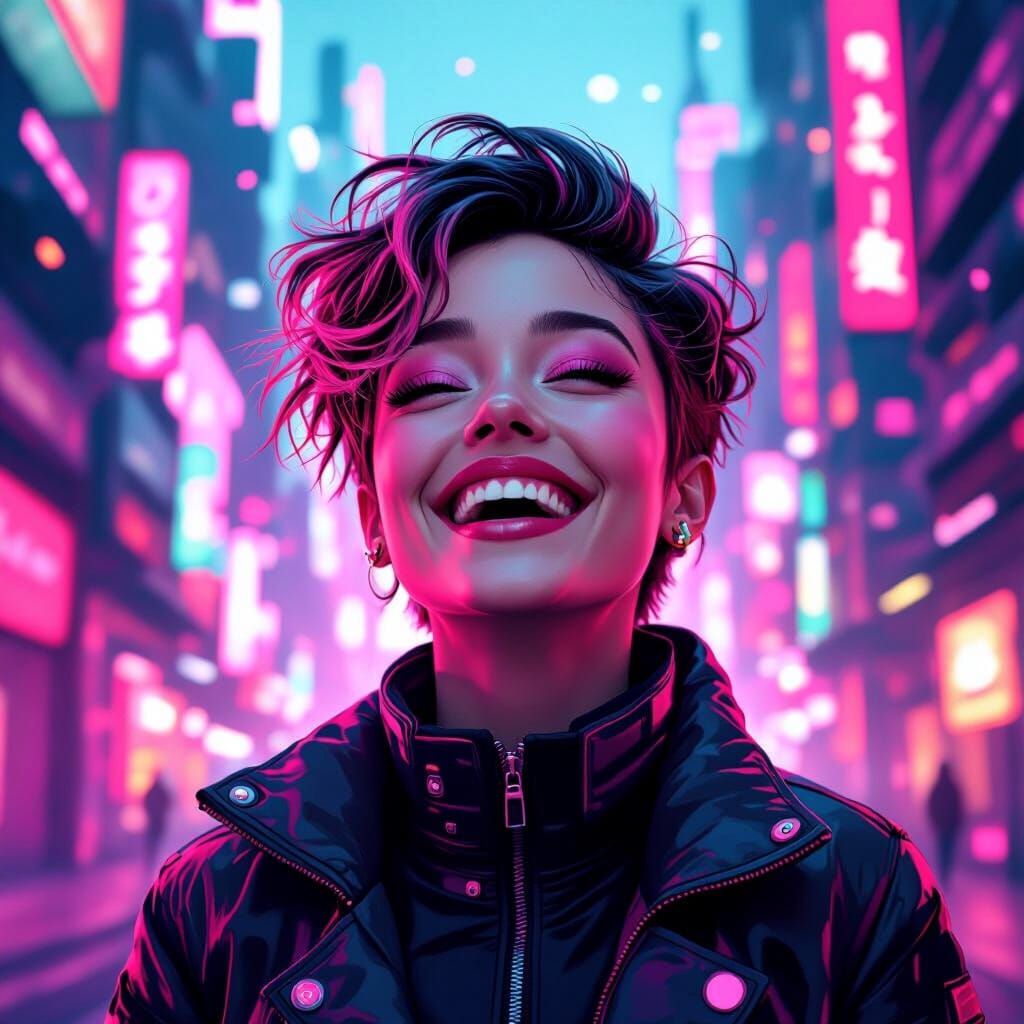Joyful Pink Figure in Surreal Neon Cityscape