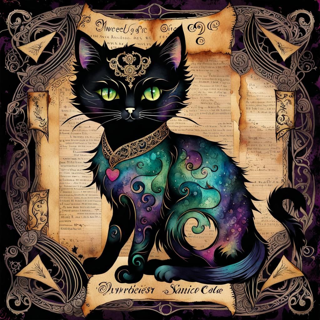 Gothic Chibi Cat in Watercolor Style