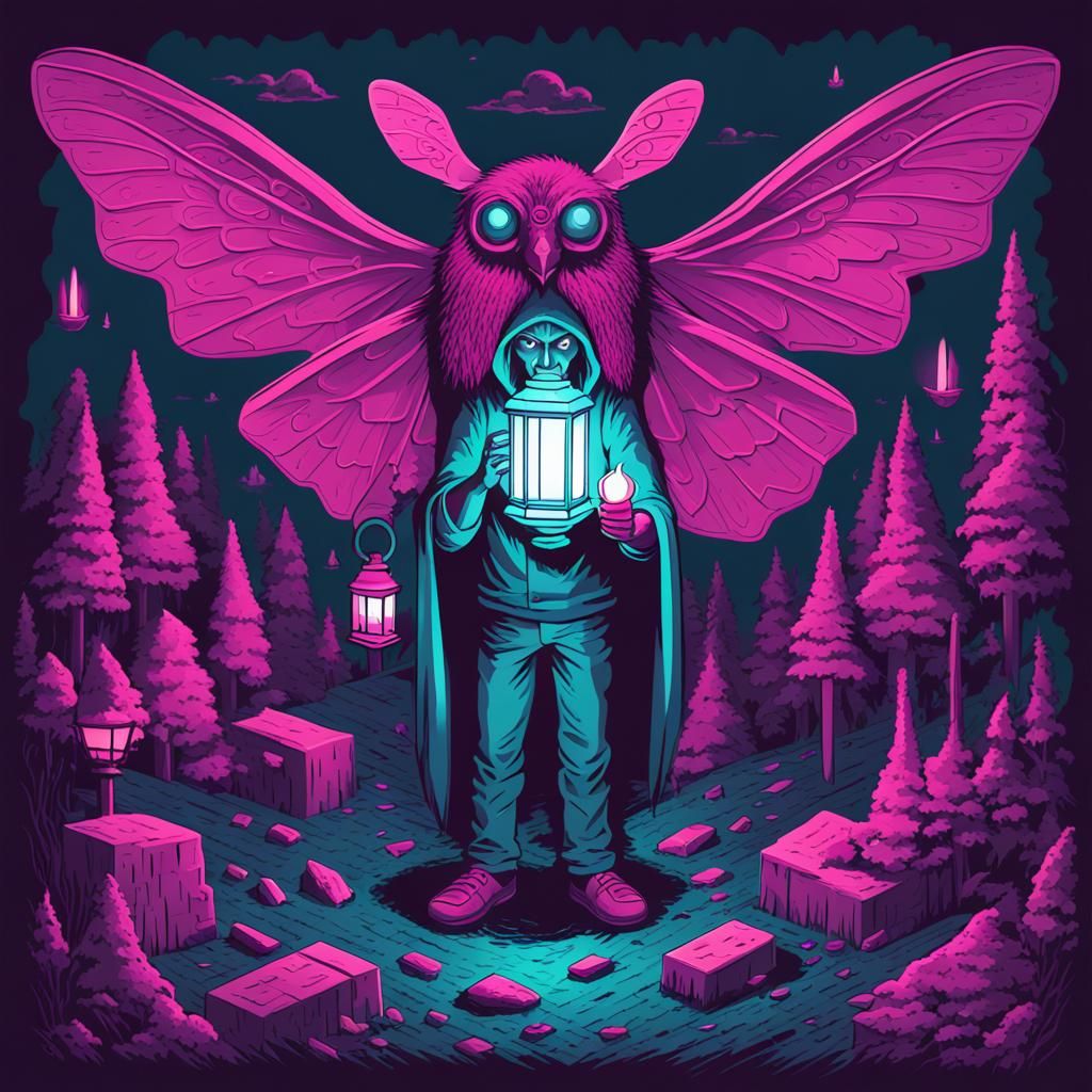 Mothman and Moths in Isometric Comic Style