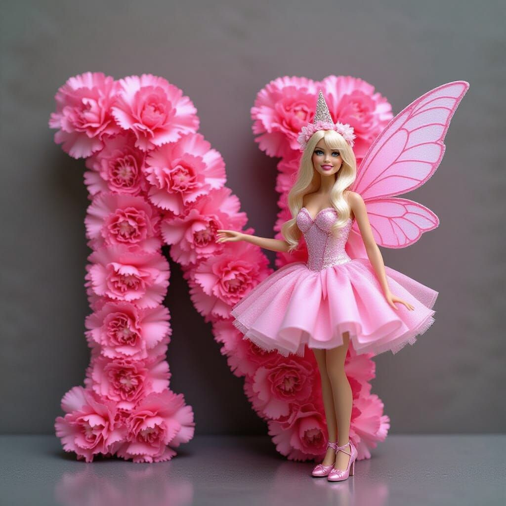 Pink Fairy Beside Carnation Letter N