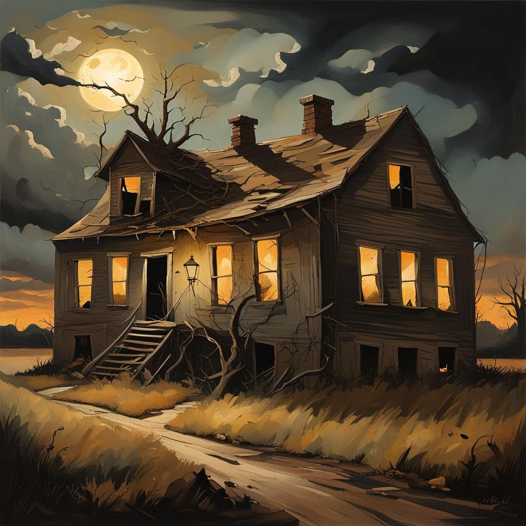Ominous Abandoned Farmhouse in Oil Painting Style