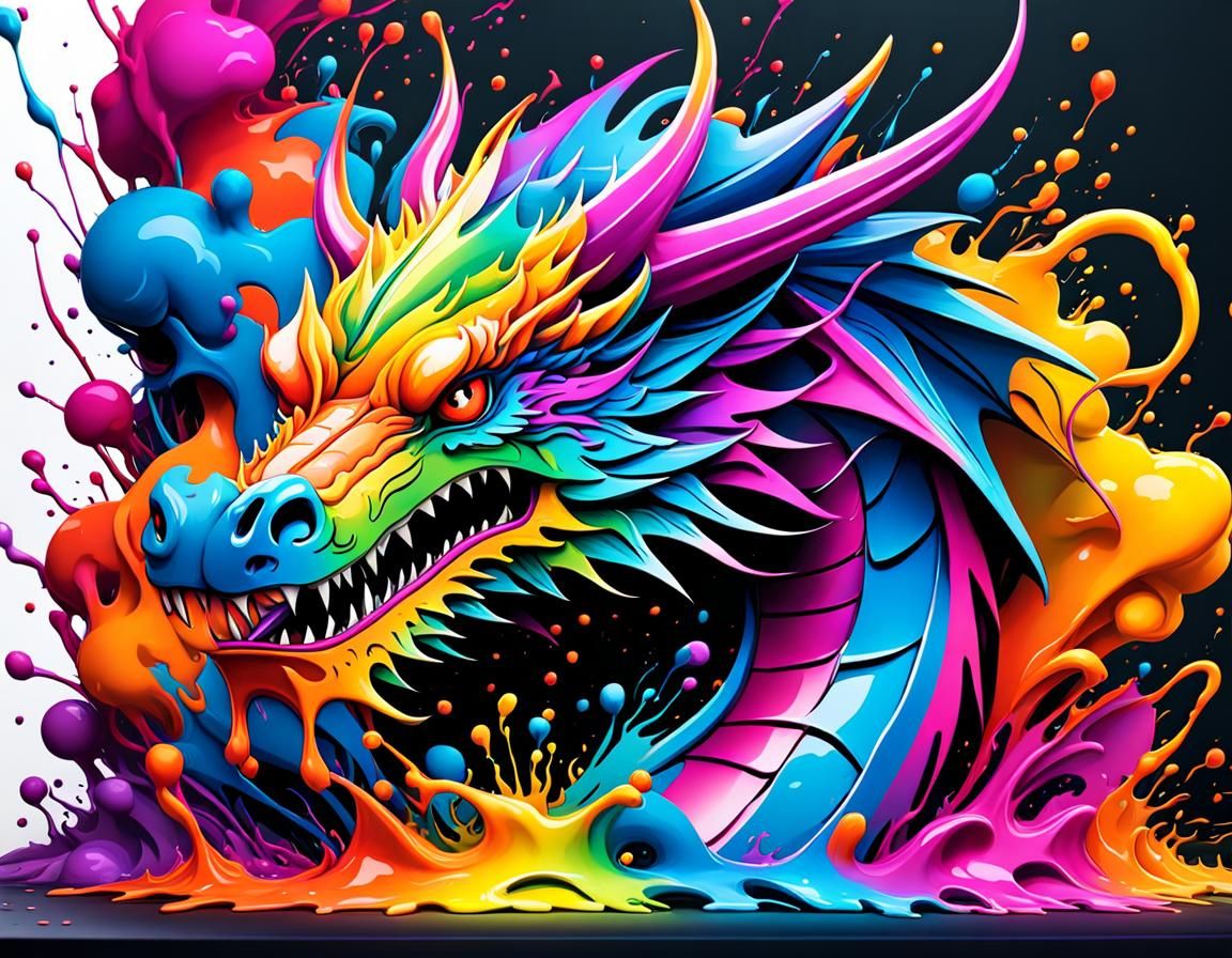 Colorful 3D Dragon Ink Splash in Graffiti Style