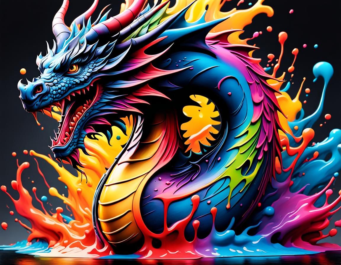Colorful 3D Dragon Ink Splash: Graffiti Street Art
