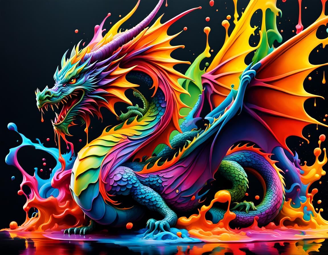 Colorful 3D Dragon Ink Splash Graffiti Art