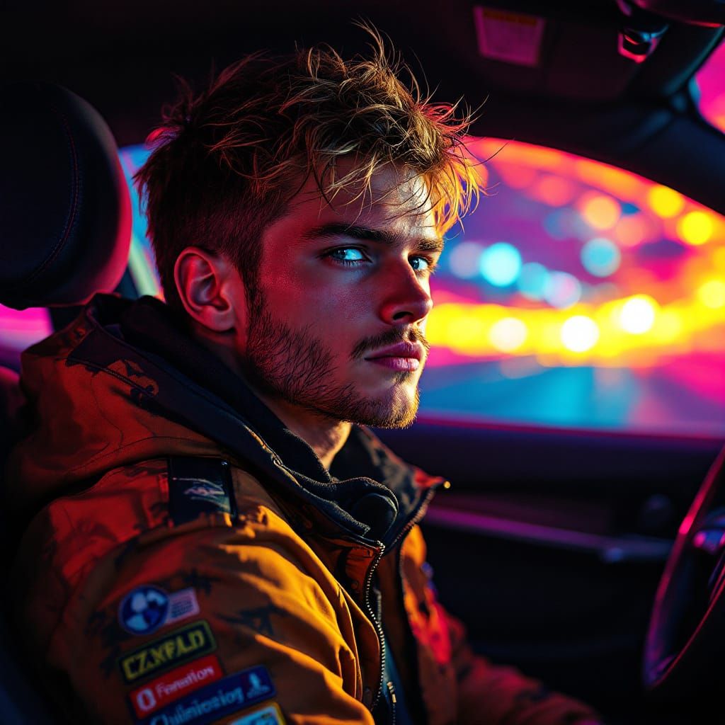 SportowyBrat in Car, Hyperrealistic Splash Art