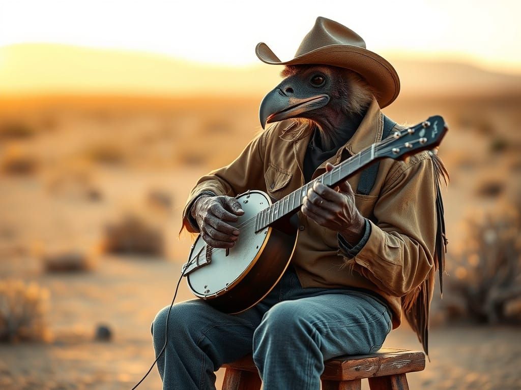 Weathered Vulture Plays Banjo in Desert Sunset