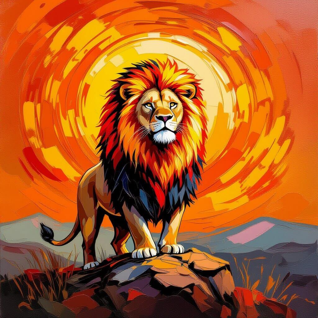 Majestic Lion with Sunflower Mane in Neo-Impressionism Style