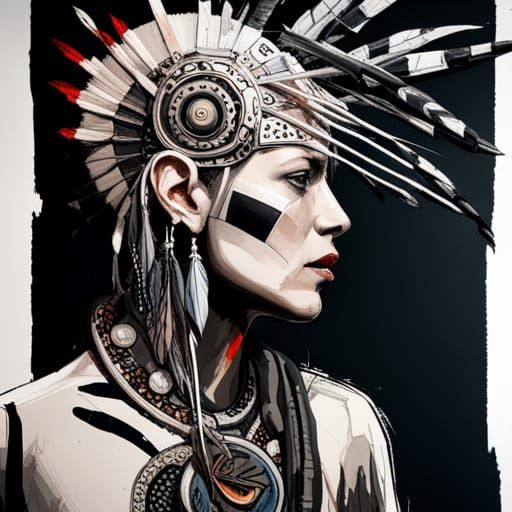 Futuristic Cybernetic Mayan Warrior Portrait in Atompunk Sty...
