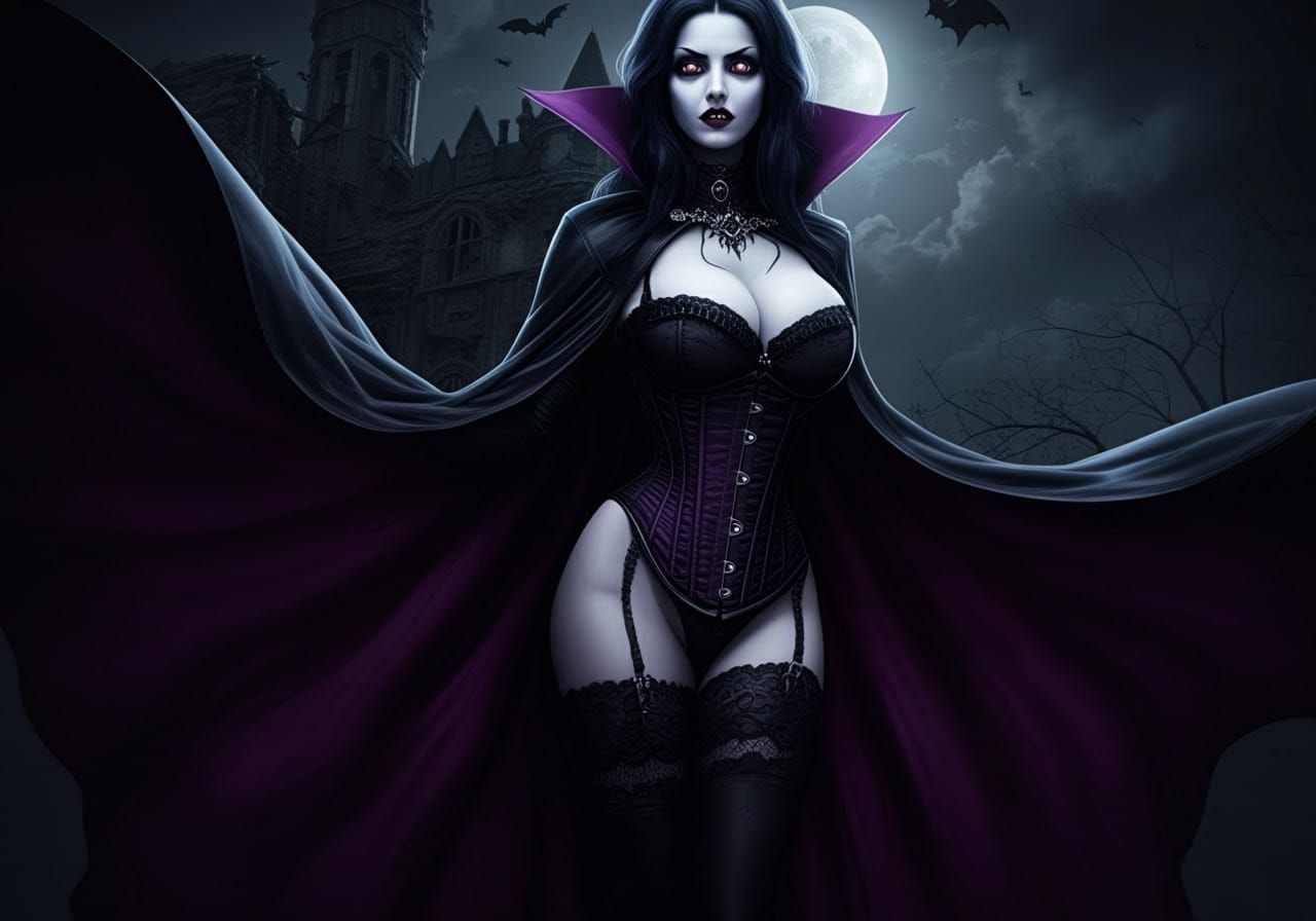 A beautiful , skinny, boujie vampire woman, wearing a beauti...