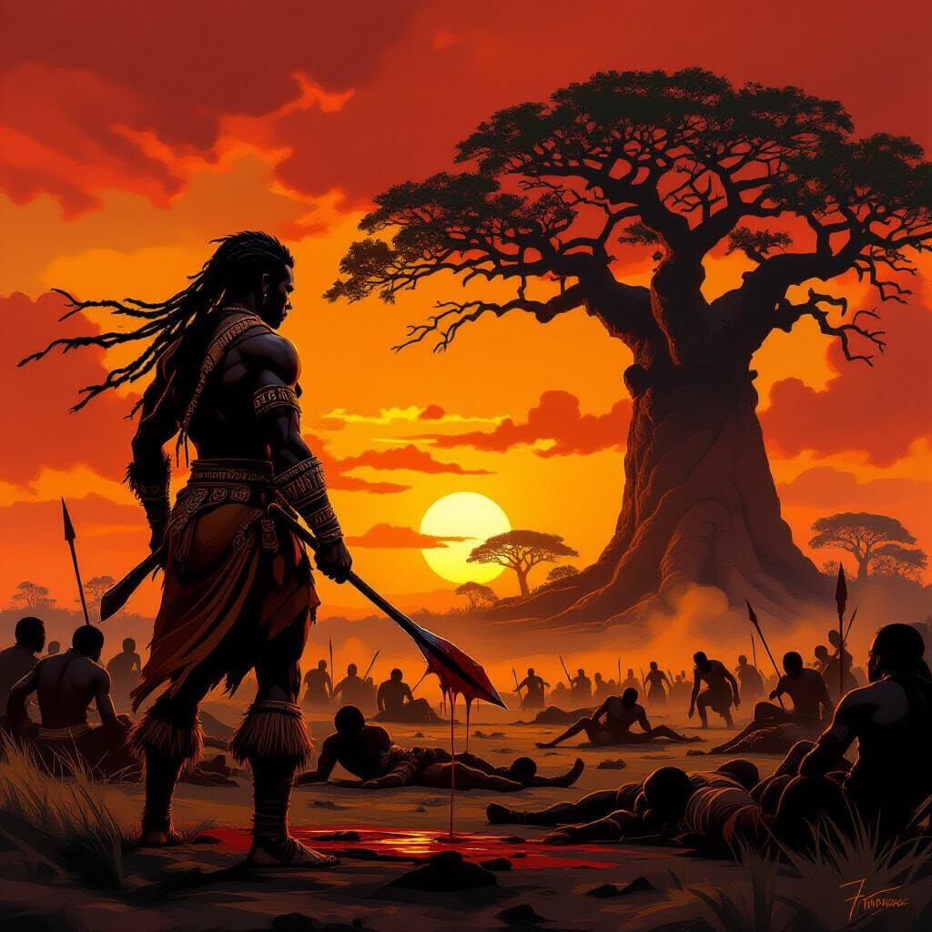 African Warrior Silhouetted at Sunset in Dark Fantasy Style