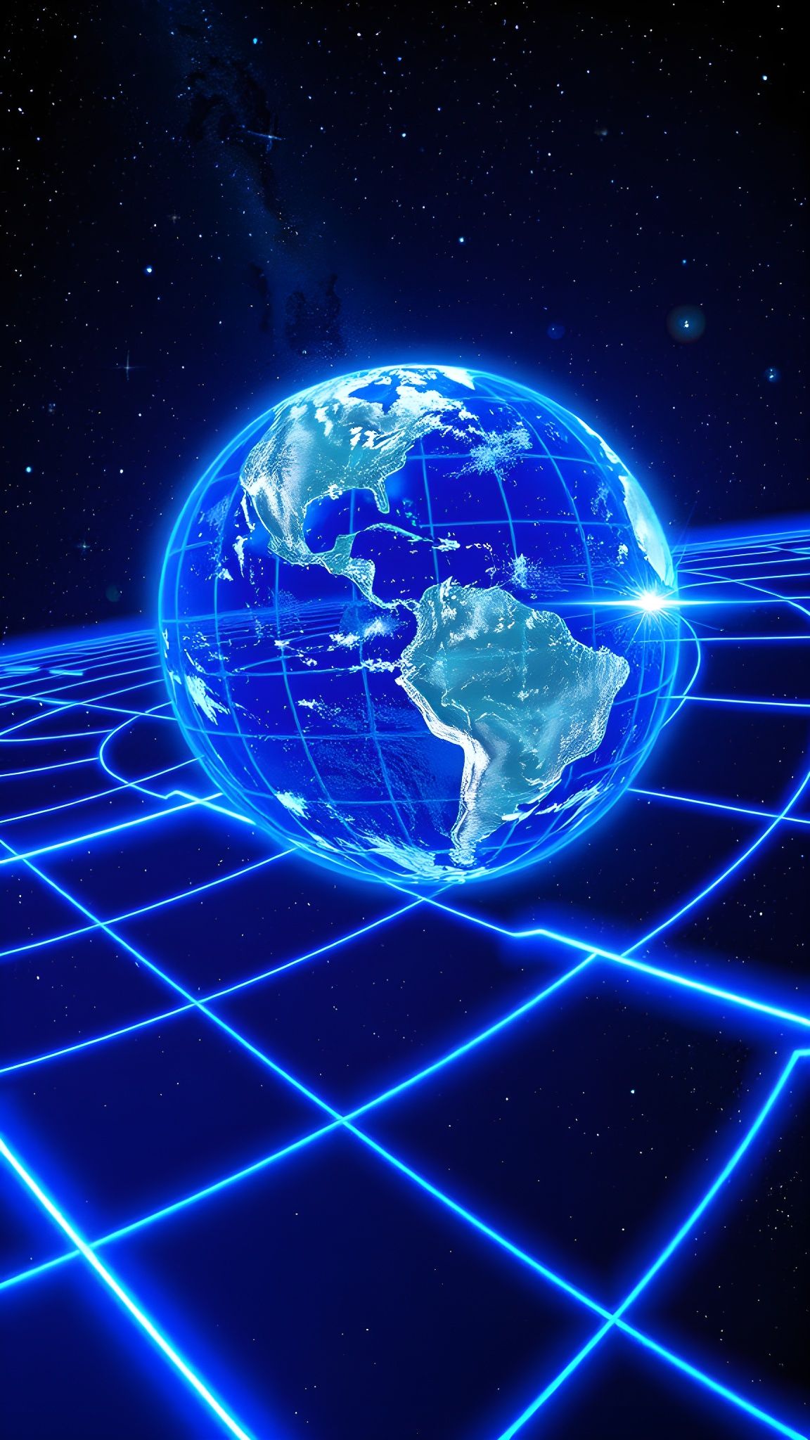 Earth Warps Spacetime with Neon Grid in Cosmos
