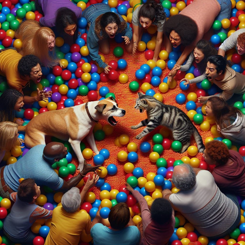 Playful Dog and Cat Battle in Ball Pit