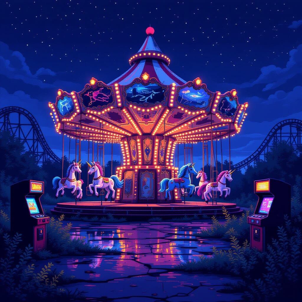 Gigantic Abandoned Carousel in Pixel Art Style