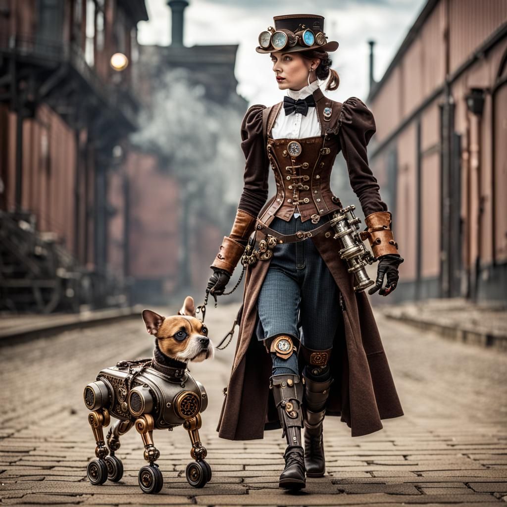 Steampunk Woman Walking Robot Dog