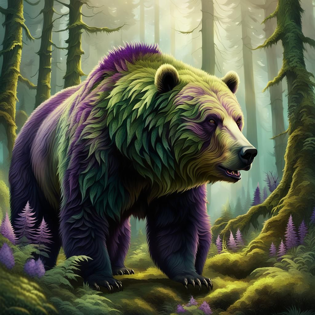 Moss Covered Grizzly Bear with Mohawk in Forest