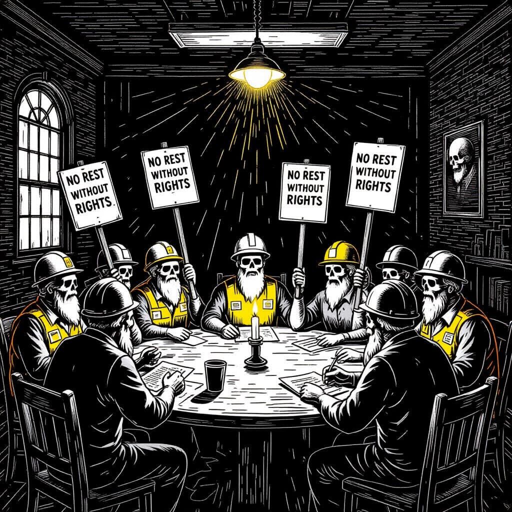 Labor Union Meeting in Afterlife: Linocut Style