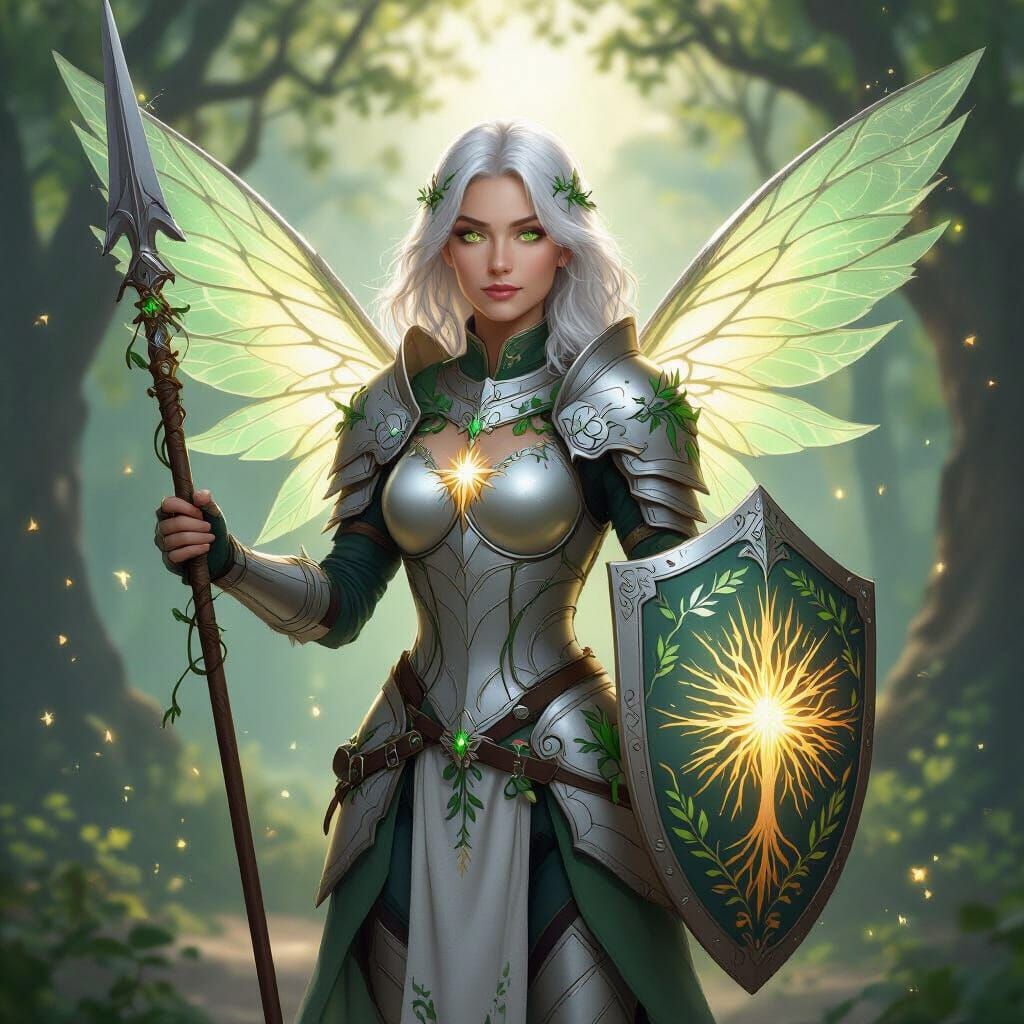 High-Fantasy Aasimar Paladin Sylara Dawnveil in Forest Clear...