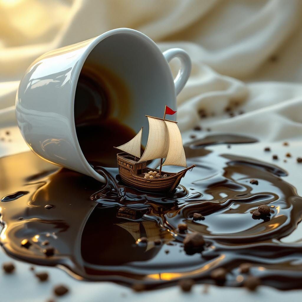 Coffee Cup Ocean with Miniature Ship