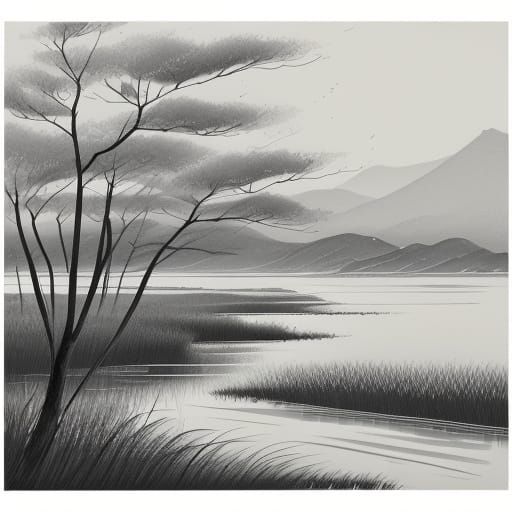 Bamboo Grove by the Sea: Sumi-e Ink Wash