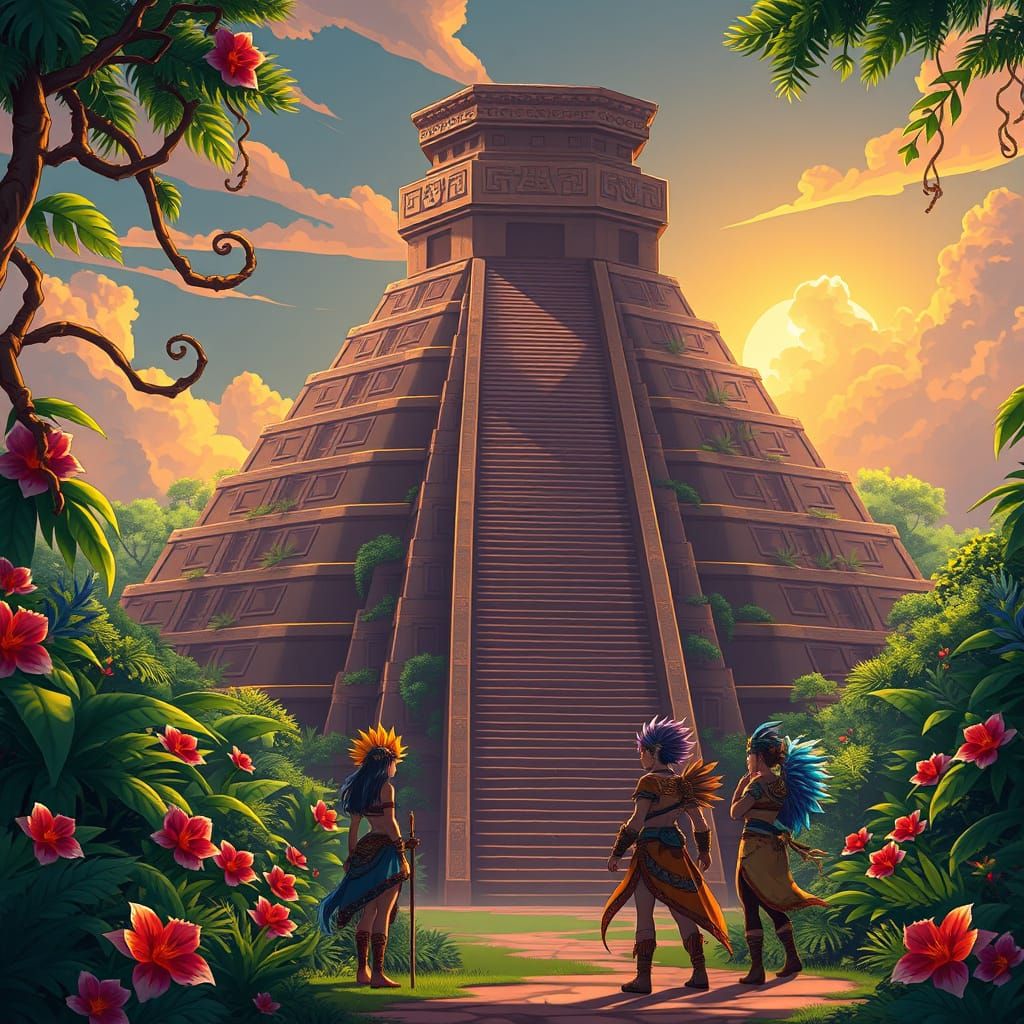 Epic Anime-Style Aztec Pyramid in Emerald Jungle