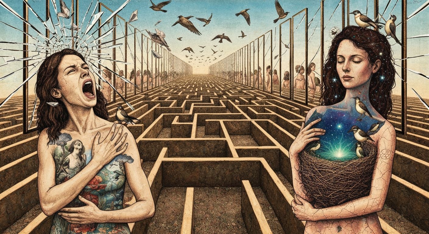 Angel Screaming Amidst Shattered Mirrors in a Labyrinth