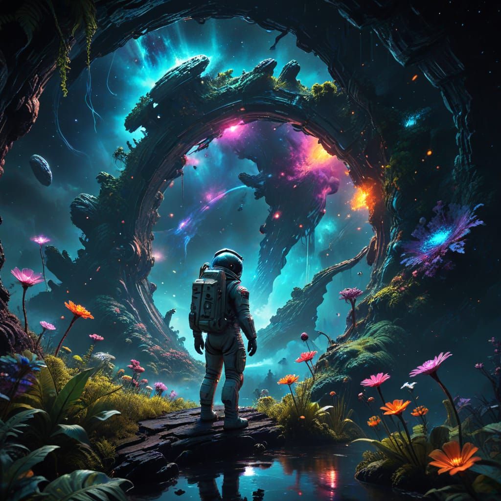 Astronaut at Portal Edge in Alien Jungle