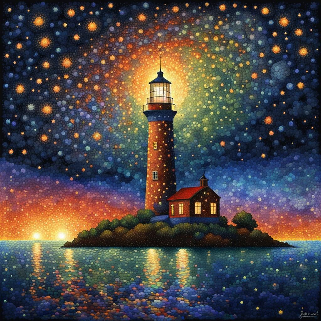 Lighthouse at Night in Pointillist Style