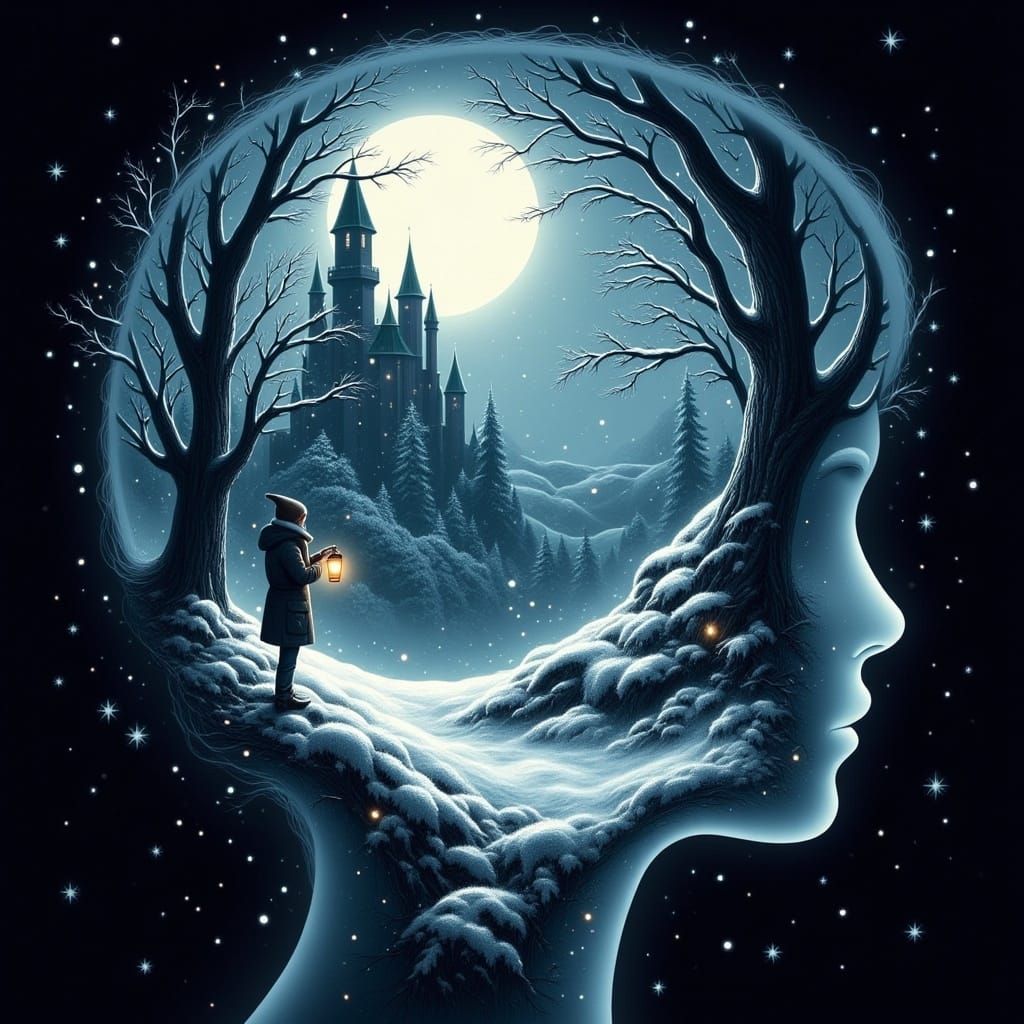 Winter Fairytale Silhouette with Moonlit Castle