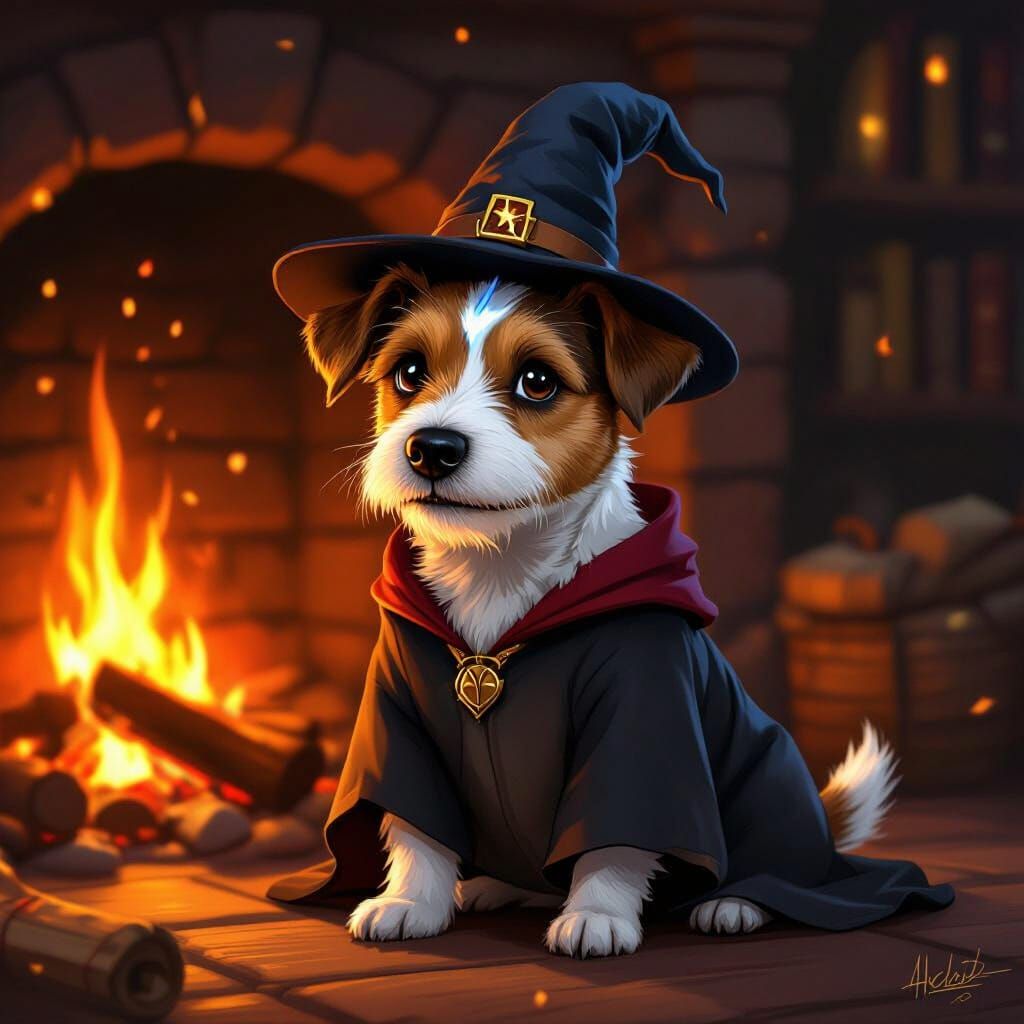 Harry Potter Dog Awaits Adventure by Fireplace