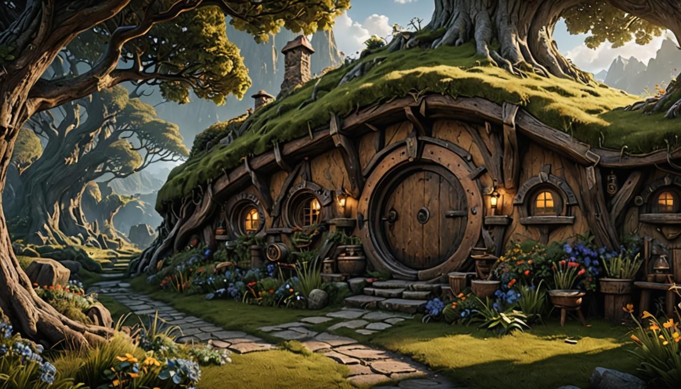 Detailed Hobbit Hole Matte Painting in Fantasy Style