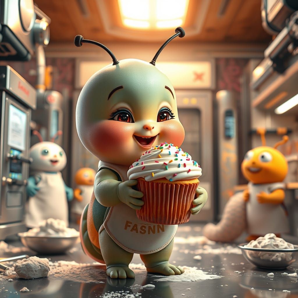 Pixar-Style Caterpillar Child in High-Tech Pastry Lab