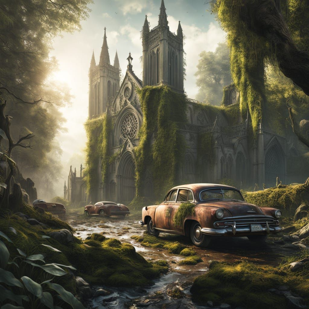 Post-Apocalyptic Cathedral Reclaimed by Nature in Digital Ar...