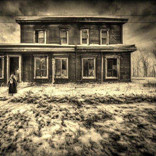 Goth Model in Decaying House, Grainy B&W Film Style