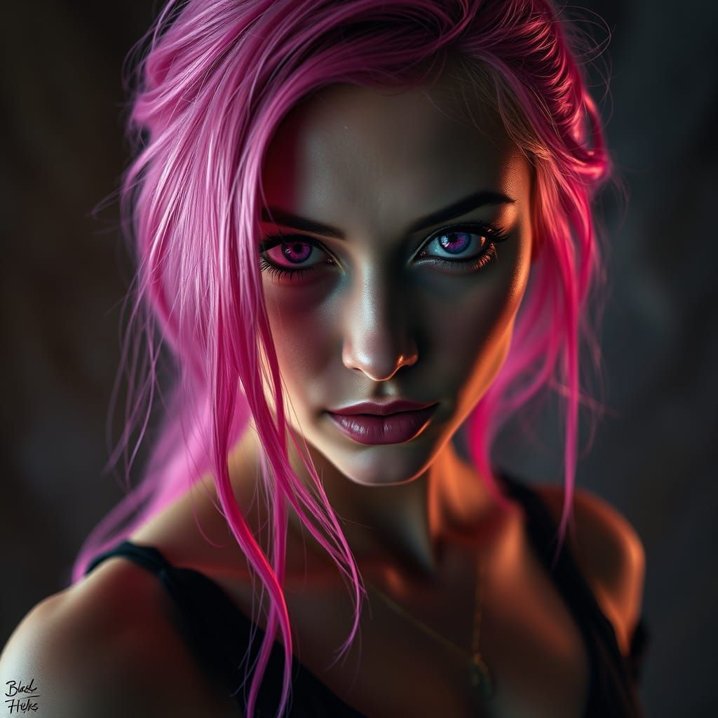 Pink Haired Woman's Violet Eyes in Living Painting