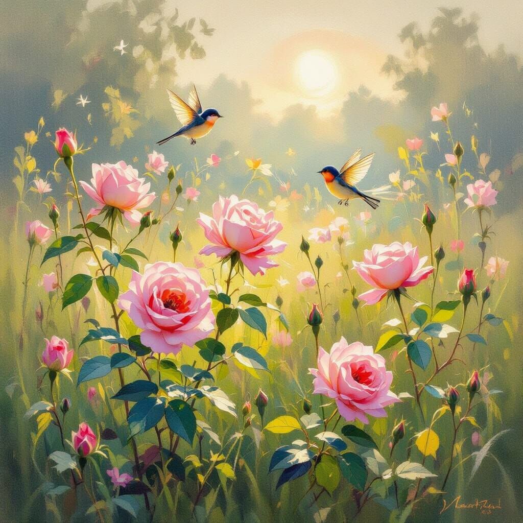 Impressionist Dawn Meadow with Dancing Roses and Luminous Bi...