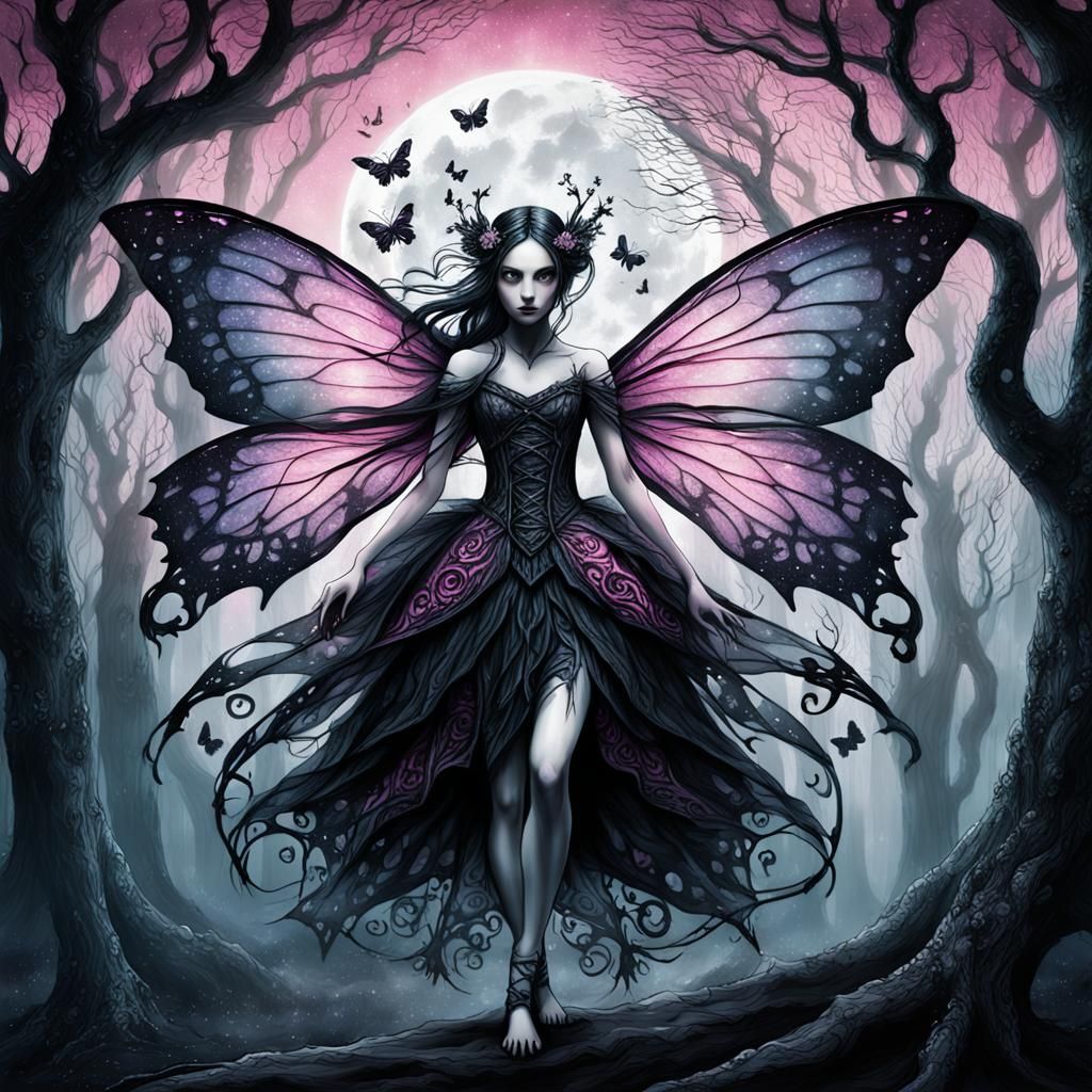 Gothic Fairy in Eerie Forest: Dark Fantasy Art