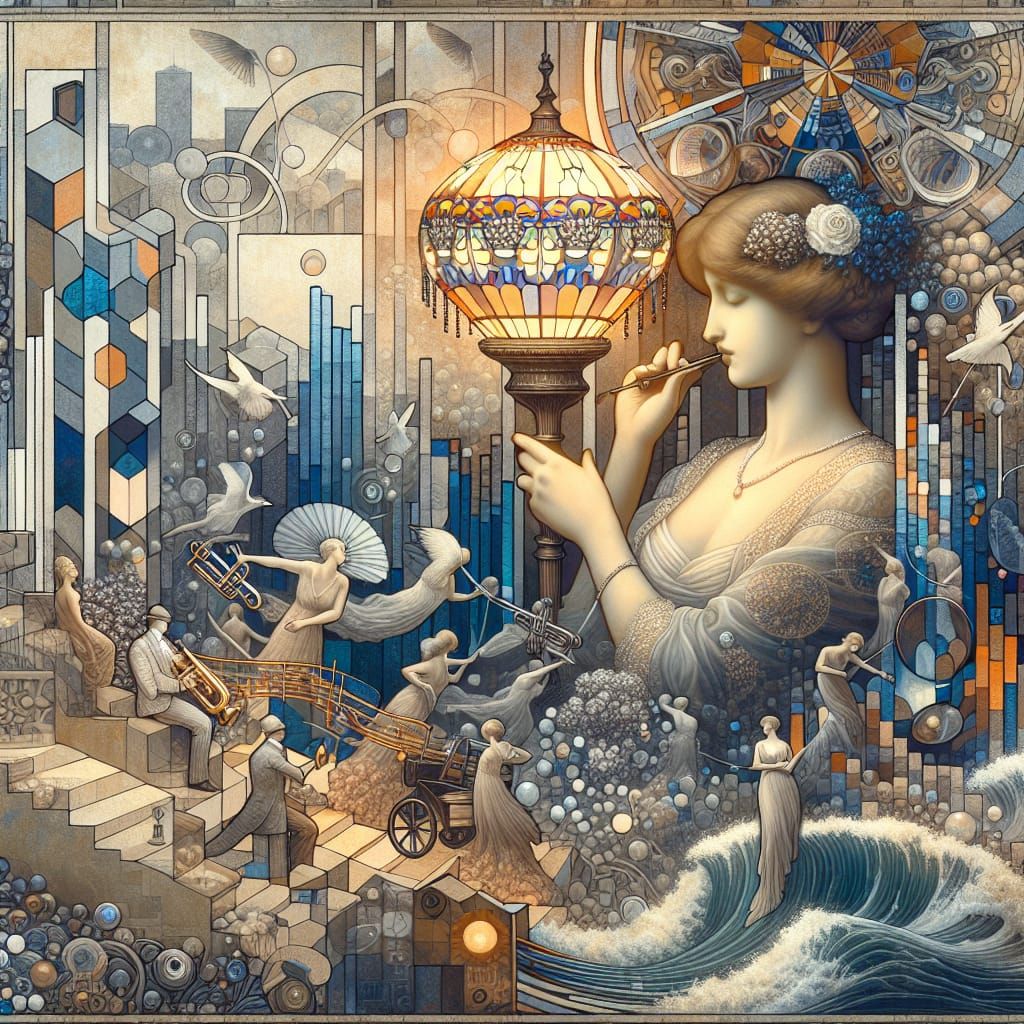 Opulent Woman with Tiffany Lamp in Bauhaus Style