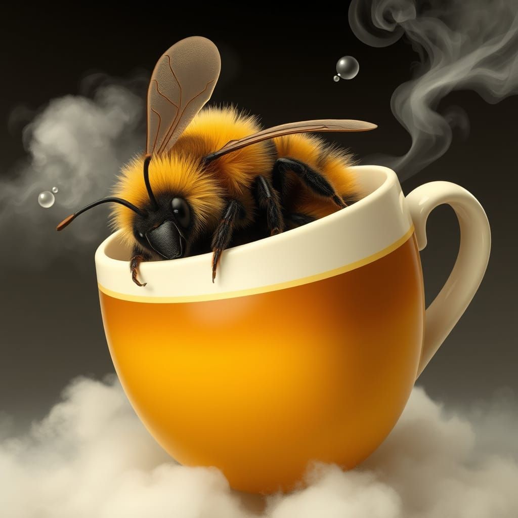 Giant Bumblebee Snoring in Coffee Cup