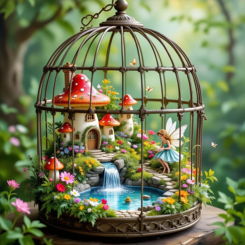 Fairy Village in Birdcage: Neo-Impressionist Acrylic Paintin...