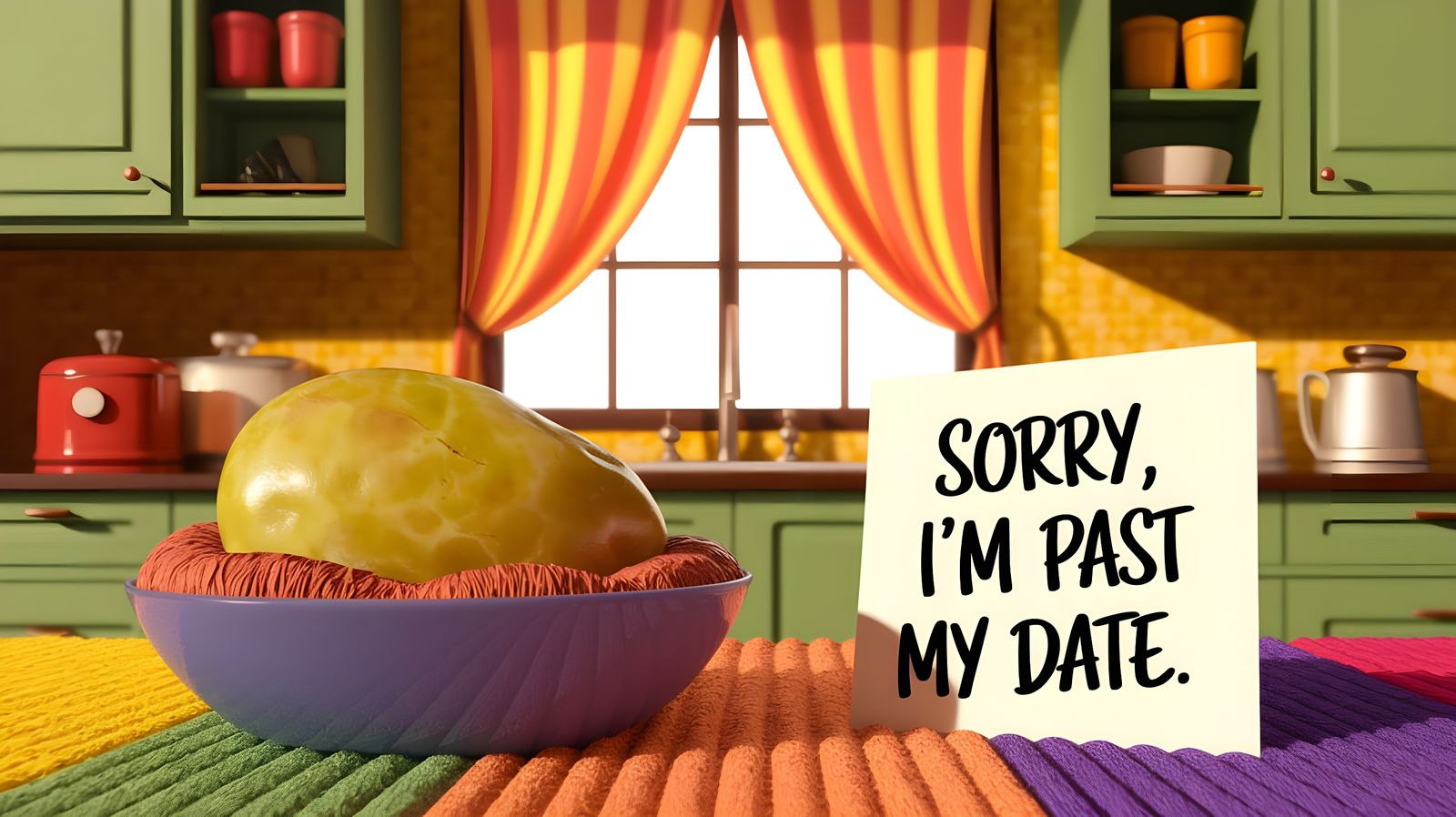 Pixar-Style Sad Date Fruit in Vintage Kitchen