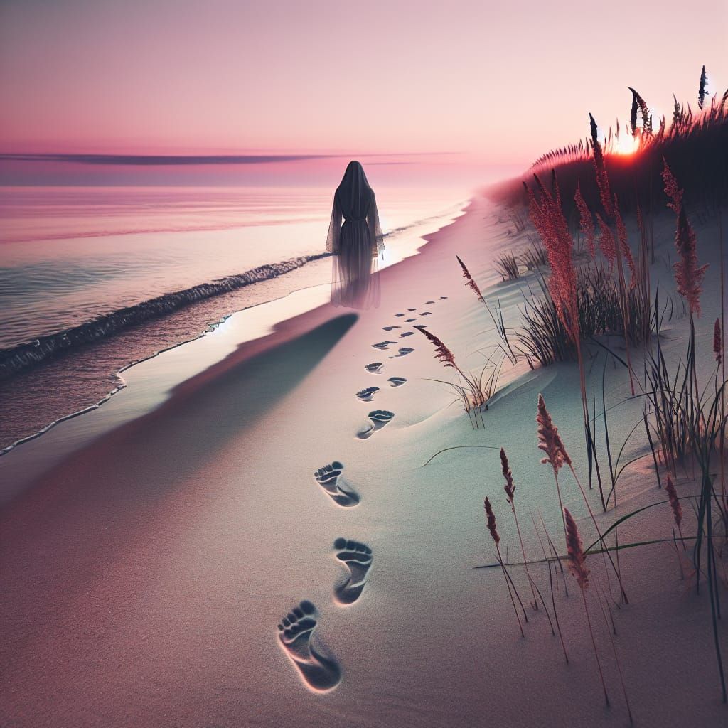 Invisible Woman's Footprints on a Tranquil Beach